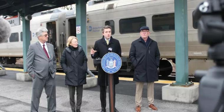 State Sen. James Skoufis and Assemblyman Jonathan Jacobson filed legislation to withdraw Orange County from the Metropolitan Transportation Authority’s commuter district. Above, Skoufis speaks during a news conference at the Metro-North train station in Harriman on Feb. 1, 2024.