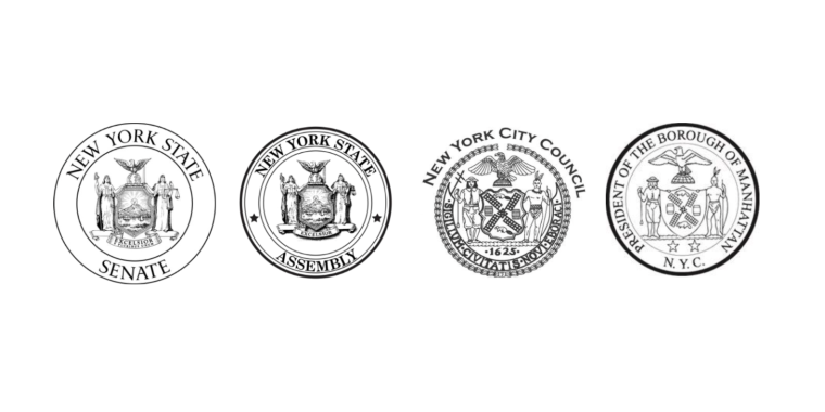 Seals of NYS Senate, Assembly, NYC Council, and MBP