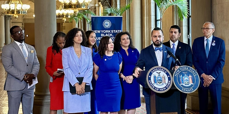 Senator Serrano with his colleagues in the New York State Black, Puerto Rican, Hispanic, and Asian Legislative Caucus at a press conference to highlight many of the important victories in this year’s state budget
