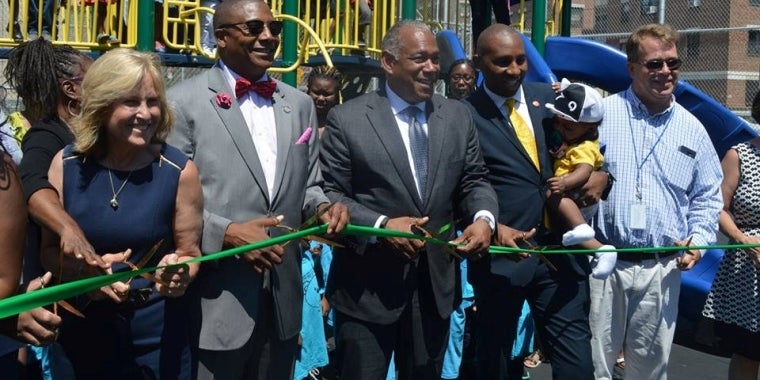 Cutting the ribbon at the ceremony were (from left) Dorothy Lewandowski, Queens Parks Commissioner, State Senator James Sanders Jr., Mitchell J. Silver, Commissioner for the New York City Department of Parks & Recreation,  Council Member Donovan Richards and Bryan McGinn of the School Construction Authority.