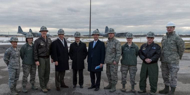 Pictured (left to right): Master Sgt. Krystal Stegner; Capt. Lindsay Doak; Col. Robert Kilgore; Sen. Tom Croci; Sen. Pat Gallivan; Sen. Rob Ortt; Lt. Col. Steven Hefferon; Senior Master Sgt. Jessica King; Lt. Col. David Warnick; Maj. Ryan Forrest