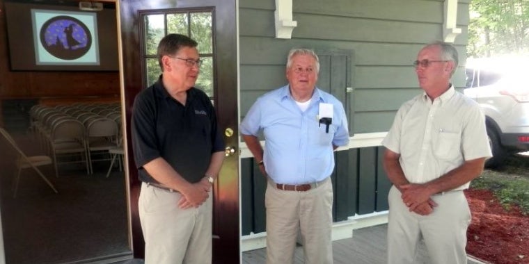 Senator James L. Seward announces a $75,000 state grant to help fund restoration of the historic Andes Train Depot.  From left, Senator Seward, former Town of Andes Supervisor Martin Donnelly, Town of Andes Supervisor Wayland Gladstone.