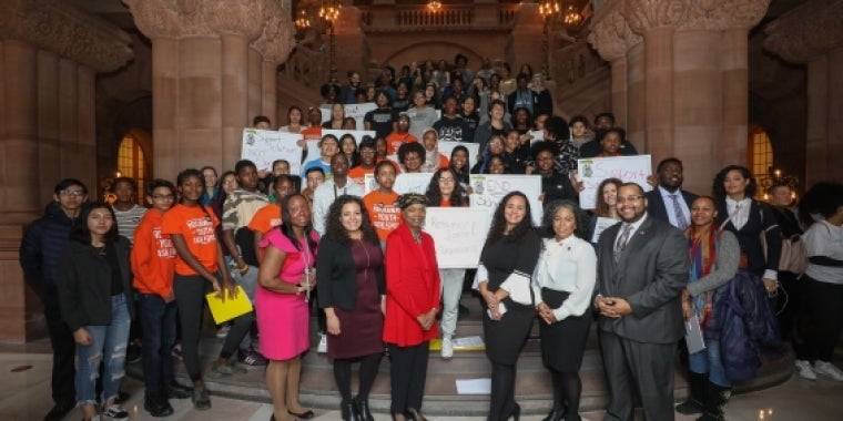 Senator Montgomery Accompanied by Youth Advocates and Assembly members Nathalia Fernandez, Carmen De La Rosa, Karines Reyes, and Victor Pichardo  Senator Montgomery and Solutions not Suspensions Advocates