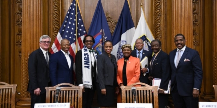 (l to r) Senator Brian Kavanagh, Brooklyn Borough President Eric Adams, Assemblyman Al Taylor, Assemblywoman Tremaine Wright, Senator Velmanette Montgomery, Senator Robert Jackson, Assemblyman Nick Perry and Senator Kevin Parker Senator Montgomery, Assemblywoman Wright and Brooklyn Borough President Adams convene Joint Legislative Hearing on the Crisis Facing Homeowners In Brooklyn