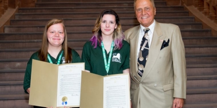 Senator Bonacic is pictured with (L-R) Raina Howe and Emily Richards.