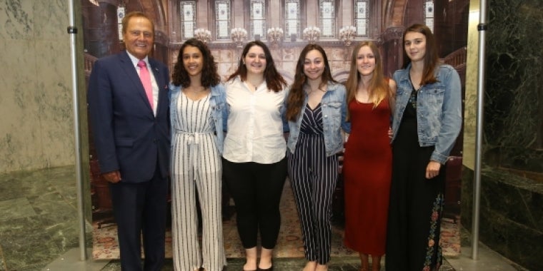 Senator Bonacic is pictured with (L-R); Salutatorian, Hailee Quicks; Valedictorian, Dylan Broder; Honored Student, Krista Novello; Salutatorian, Anna Bittinger; and Valedictorian, Morgan Mitchell.