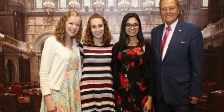 Senator Bonacic is pictured with (L-R); Honored Student, Rosemary Jacobs; Salutatorian, Kayla Johnson; and Valedictorian, Kellyanne Murphy.