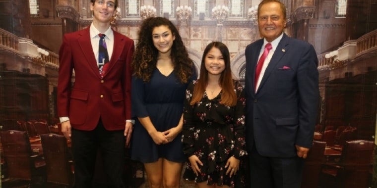 Senator Bonacic is pictured with (L-R); Honored Student, Andrew Klotz; Valedictorian, Marcia Cal; and Salutatorian, Gabrielle Santoro.
