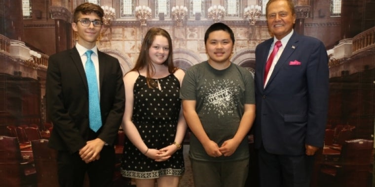 Senator Bonacic is pictured with (L-R); Honored Student, Logan Gonzalez; Honored Student, Megan Dubin; and Salutatorian, Allan Sun.