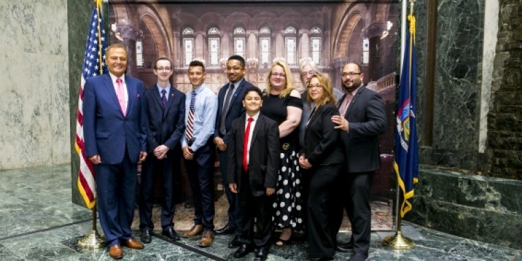 Senator Bonacic is pictured with (L-R). Salutatorian Timothy Niper, Valedictorian Joseph Colon, Norval Connell (STEM Instructor at Middletown HS), Joseph Colon’s brother, Malinda Niper, James Niper, Joseph Colon’s mother, and Daniel Colon.