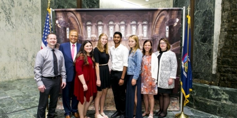 Pictured L-R is, Monticello HS Principal Stephen Wilder, Senator Bonacic, Honored Student Taylor Parks, Salutatorian Lillie Cornell, Valedictorian Parth Patel, Salutatorian Jillian McEneaney, Dana Taylor, and Monticello Superintendent Tammy Mangus.