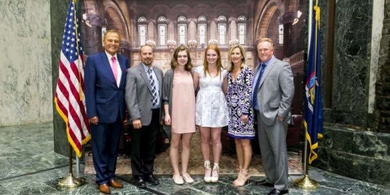 Senator Bonacic is pictured with (L-R), Minisink Valley High School Assistant Principal Chip Jaeger, Valedictorian Bridget Wiley, Salutatorian Erin Clifford, her mother Barbara Clifford, and father Mike Clifford.
