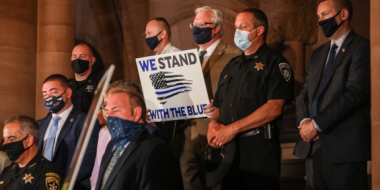 Senator O'Mara and his colleagues joined law enforcement representatives at the State Capitol today to support the "Protect Those Who Protect Us" legislation.