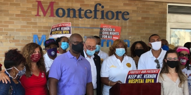 Senator Biaggi stands with Mayor Shawn Patterson-Howard and members of the New York State Nurses Association in front of Mount Vernon Hospital 