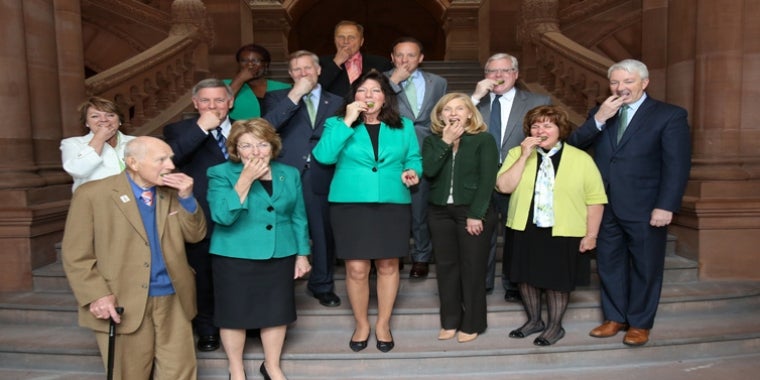 Senator O’Mara (second from the right, back row) and Senate colleagues participate in the “Take a Bite Out of Lyme Disease” challenge today at the Capitol.  Read more about the challenge at http://lymediseasechallenge.org/join-lyme-disease-challenge/.