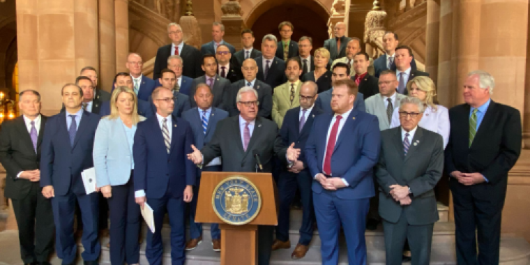 Senator O’Mara (at podium) and members of the Senate and Assembly Republican Conferences at today's State Capitol news conference.. At podium: Senator Tom O’Mara and members of the Senate and Assembly Republican Conferences.