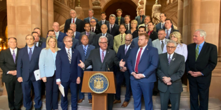 At podium: Senator Tom O’Mara and members of the Senate and Assembly Republican Conferences.