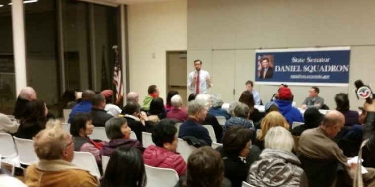 Squadron at his 2015 bus town hall where M1 service was discussed Squadron at his 2015 bus town hall where M1 service was discussed