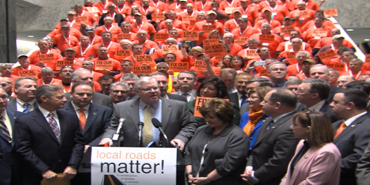 Senator O'Mara addresses the "Local Roads Matter" rally in Albany earlier this year.