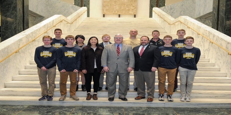 Senator O'Mara and Assemblyman Palmesano welcome the Corning-Painted Post state champions in The Well of the Legislative Office Building in Albany.  "They exemplify the finest qualities of achievement, commitment to excellence, hard work and success, and they have made their school, their families, their community and our entire region very proud,” the legislators said.