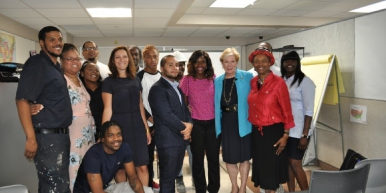 Senator Montgomery, Assemblywoman Richardson, Commissioner Roberta Reardon with Alexa Sewell, President of Settlement Housing Fund, Ditashiah Kohn, Program Director and alumni of the DREAMS YouthBuild program.