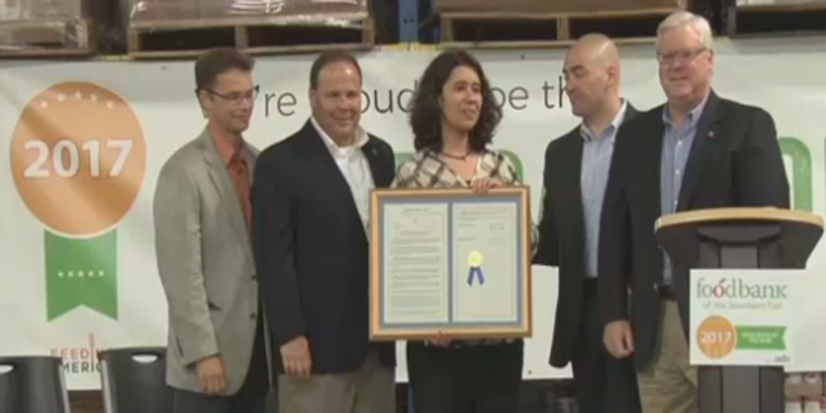From left to right: Assemblyman Chris Friend, Assemblyman Phil Palmesano, Food Bank of the Southern Tier President Natasha Thompson, Senator Fred Akshar and Senator O'Mara celebrate the Food Bank of the Southern Tier being named "Food Bank of the Year" by Feeding America.