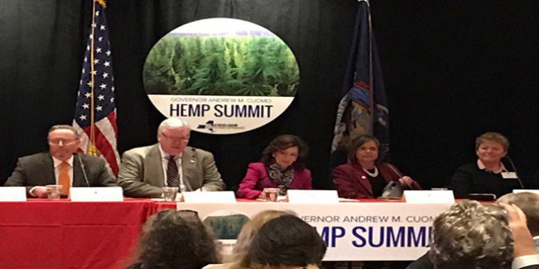 From left to right at the opening of today's summit at Cornell University: NYS Agriculture Commissioner Richard Ball, Senator O'Mara, Lieutenant Governor Kathy Hochul, Assemblywoman Donna Lupardo and Kathryn Boor, Dean of the College of Agriculture and Life Sciences at Cornell University.