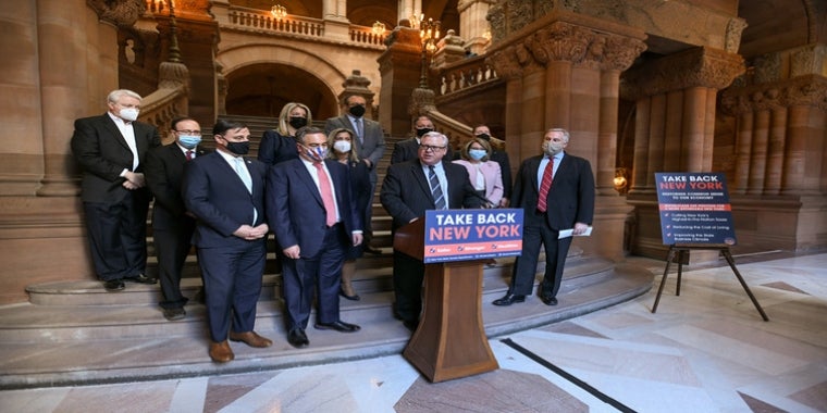 “It’s no coincidence that our state led the nation last year in overall tax burden and population loss," Senator O'Mara said at today's news conference in Albany. “It’s no coincidence that our state led the nation last year in overall tax burden and population loss," Senator O'Mara said at today's news conference in Albany.