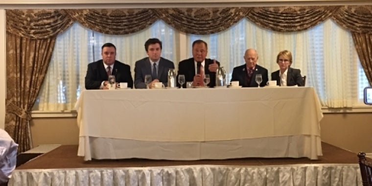 Senator Bonacic delivers remarks at the Orange County Chamber of Commerce’s annual legislative breakfast. Pictured L-R is, Assemblyman Karl Brabenec, Assemblyman James Skoufis, Senator Bonacic, Senator William Larkin, and Assemblywoman Aileen Gunther.