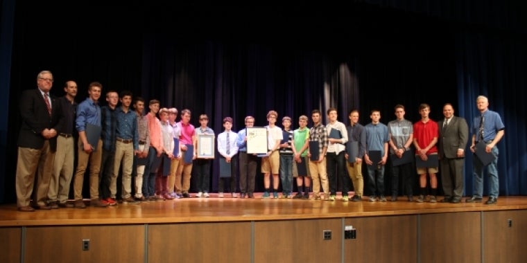 Senator O'Mara (far left, next to Cross Country Head Coach John Fazzary) and Assemblyman Palmesano (second from the far right, next to Watkins Glen Athletic Director and Assistant Cross Country Coach Rod Weeden) congratulate the 2016 Varsity Boys Cross Country State Champions!