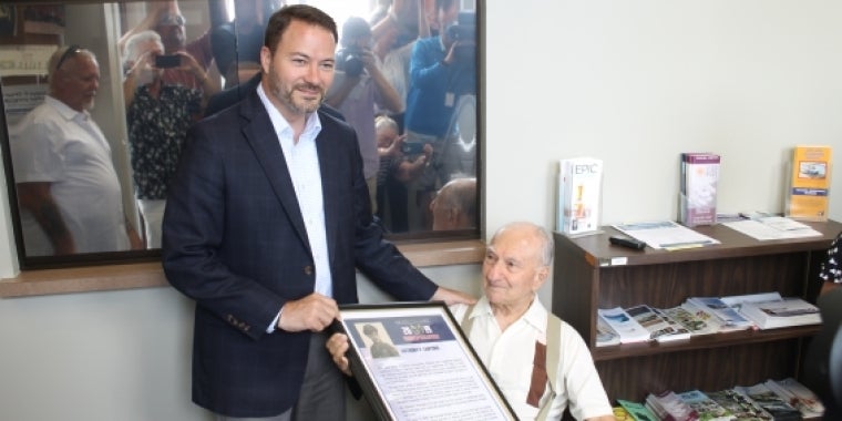 Sen. Rob Ortt (R,C,I,Ref-North Tonawanda) honors U.S. Army Private First Class, Anthony Santoro with a 2019 New York State “Veterans’ Hall of Fame” Award for his service in Germany during WWII.
