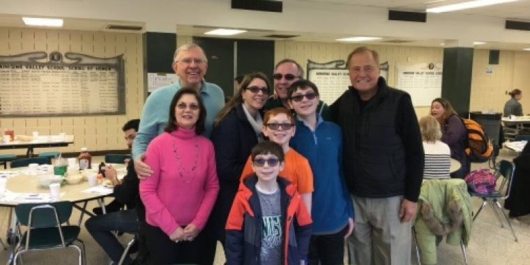 Senator Bonacic is pictured with (L-R), Al Graser, Madeline Graser (pink shirt), Karen Monahan, Superintendent of Minisink Valley Schools Brian Monahan, and their children Andrew, Matthew, and William (in height order).