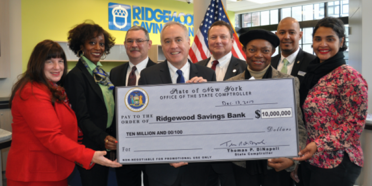 Featured in the photo (left to right): LouAnn Mannino, Anthonie Marshall, Leonard Stekol, NYS Comptroller Thomas P. DiNapoli, Peter Boger, Senator Velmanette Montgomery, Emmanuel Guerrero and Deputy Brooklyn Borough President Diana Reyna