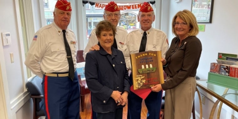 Dave Brisbane, Jim and Joyce Wicker, and Jim Rayburn of Marine Corps League Memorial Day Detachment 468 present Senator Helming with her award Senator Helming and Memorial Day Detachment 468