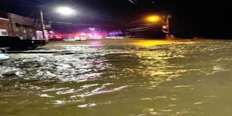 Floodwaters in downtown Woodhull following Tropical Storm Fred in August 2021.