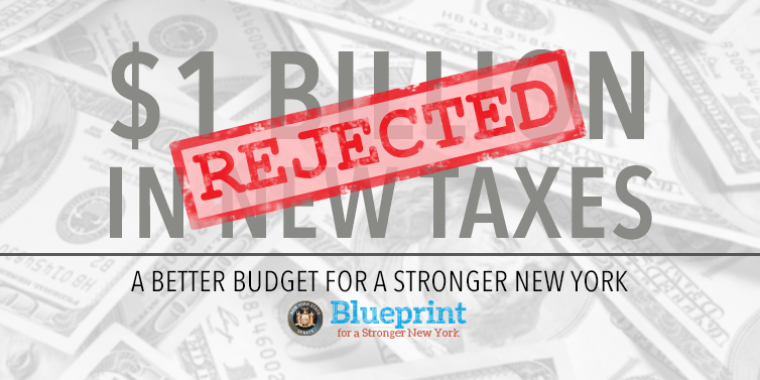 The Senate One-House Budget resolution excludes the $1 billion in new taxes and fees, including new taxes on internet purchases, health insurance and new DMV fees, proposed in the Executive Budget.