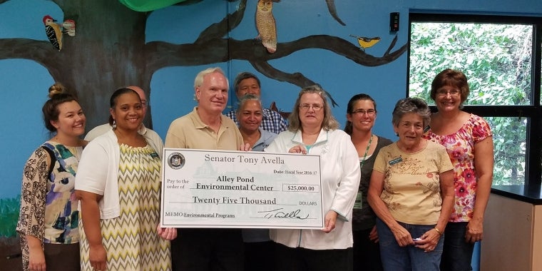 Senator Tony Avella Presents Check to Irene Scheid and Staff of Alley Pond Environmental Center