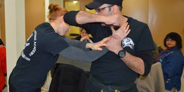 Avi Avramcheyiv, Founder and Chief Instructor with NY Self Defense Academy and Riki Quinn, who is also an instructor at the school demonstrate how to protect oneself from an assault.