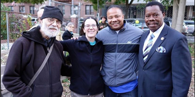 Senator Jesse Hamilton, NYC Council Member Mathieu Eugene and community advocates at Maple Street Community Garden on October 25, 2015