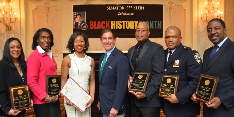 Photo caption: Senator Jeff Klein is joined by honorees Danielle Davis-Marrow, Betty Campbell Adams, emcee Erin Clarke, Derek Powell, Keith Walton, and Gregory Floyd.