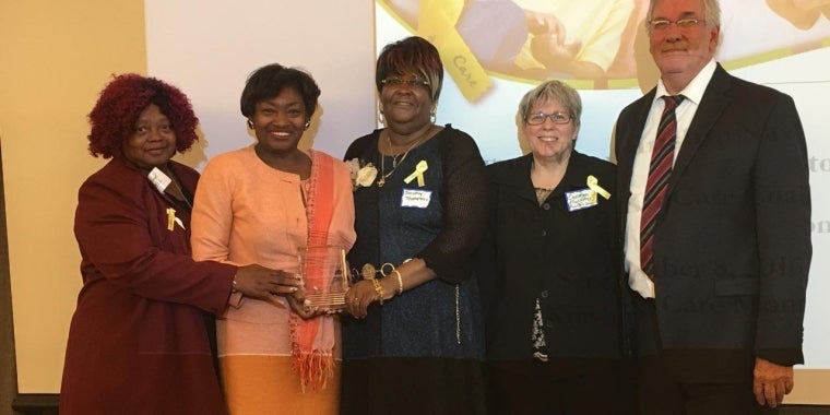 Photo L-R: Sandra Little (GrandPower Advocate), Senator Andrea Stewart-Cousins, Dorothy Thompson (GrandPower Advocate), Carolyn Fluckinger (Director of Kinship Support Program for Family Services of Yonkers), Gerard Wallace (Director of NYS Kinship Navigator)