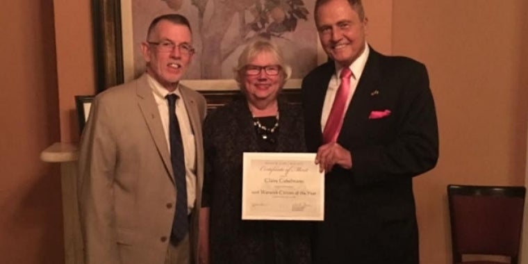 Senator Bonacic is pictured with (L-R), Town of Warwick Supervisor Michael Sweeton and Claire Gabelman. Senator Bonacic presented Mrs. Gabelman with a certificate celebrating her award.