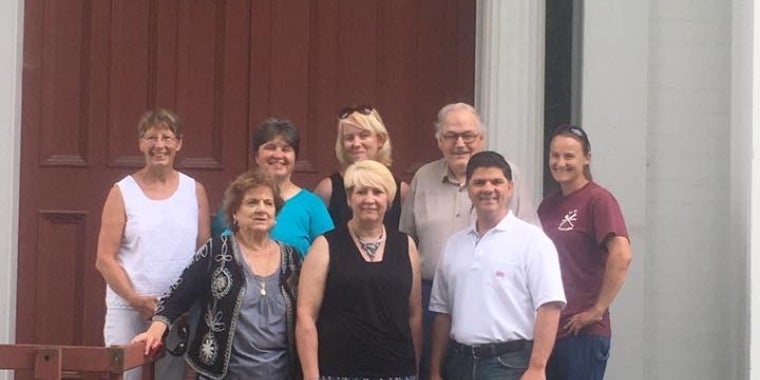 Back row: Barbara Walter, Nicole Ambrosio, Andrea Macko (all members of the Greenville Beautification Committee) Town Supervisor Paul Macko, and Renee Hamilton, Town of Greenville.   Front row: Virginia Mangold, Chair of GBC, Robin Frechette, member of GBC, and Senator Amedore.