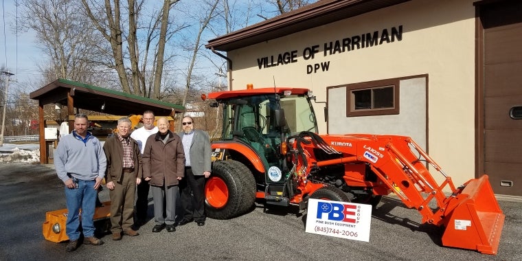 From left to right:  Department of Public Works Superintendent John Mulligan,  Dave Conero from Pine Bush Equipment, Motor Equipment Operator Kenneth Gopal, NYS Senator Bill Larkin and Village of Harriman Mayor Steve Welle. Posing in front of a new tractor with hydraulic mower and snow box that was purchased with the help of a $75,000 grant from Senator Larkin.