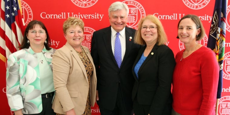Pictured left to right are:  Dr. Olga Padilla-Zakour, Professor and Chair; Dr. Kathryn Boor, Dean of Cornell University's College of Agriculutre and Life Sciences; Senator Mike Nozzolio; Dr. Susan Brown, Director of the New York State Agricultural Expirement Station; and Dr. Betsy Bihn, Director of the Institute for Food Safety