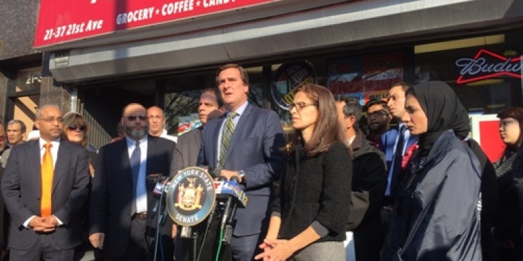 Senator Gianaris and other Queens Elected Officials stand with Fatima Food Mart owner, Sarker Haque
