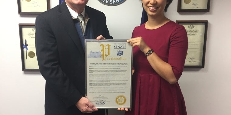 Senator Tony Avella stands with Dana Zhu of CCACO
