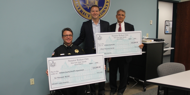 Pictured at the Orleans County Sheriff’s Office in Albion from left to right: Orleans County Sheriff Randy Bower; Senator Ortt and Orleans County District Attorney Joe Cardone.