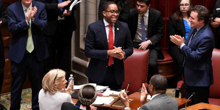Senator Myrie on the Senate Floor. (Photo: Will Waldron, Albany Times Union)