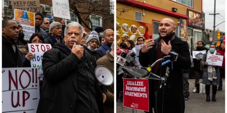 Adi TalwarAt left: Queens State Sen. Leroy Comrie speaking against basement apartment legalization at a rally in Kew Gardens last week. The same day, fellow Queens lawmakers, including Assemblymember Steven Raga (pictured, at right) attended an event in Jackson Heights arguing in favor.